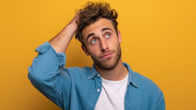 Casual male portrait showing an awkward moment against a plain yellow background