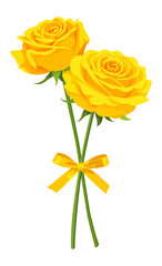 Obraz premium Two yellow roses bouquet with ribbon isolated on transparent background. Friendship and joy flower gift illustration. 