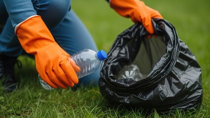 Person picking up plastic bottle into garbage bag