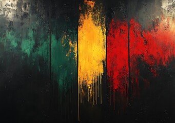 Vertical paint drips in green yellow and red on a textured black background abstract