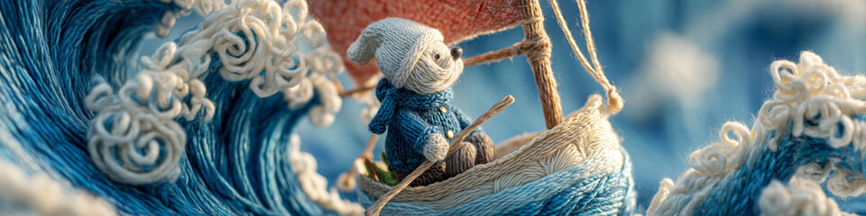 A Hyper-Realistic Surreal Knitted Sailboat with a Sailor Aboard Navigating a Blue and White Yarn Ocean of Soft Knitted Waves. Symbolizing Freedom, Travel, and Ocean Adventure. Generative Ai.