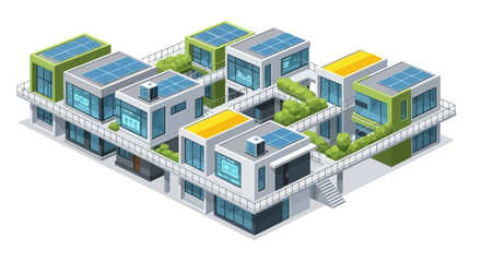 Isometric illustration of a modern, sustainable residential complex. Features eco-friendly housing units with solar panels and green spaces, showcasing innovative urban design