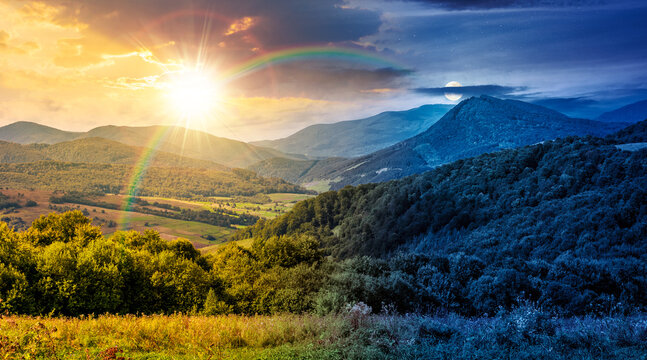 mountainous countryside scenery surrounded with forested rolling hills. day and night time change concept. rural area peaceful landscape with cloudy sky with sun and moon. autumn equinox season