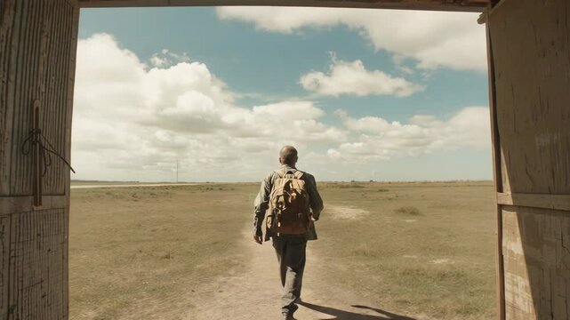 Leaving barn doorway, man in jacket and jeans with backpack walking onto dirt path toward horizon