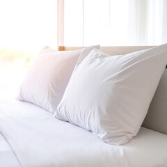 Obraz premium a neatly made bed with crisp white sheets, two fluffed pillows, and soft natural light gently illuminating the scene