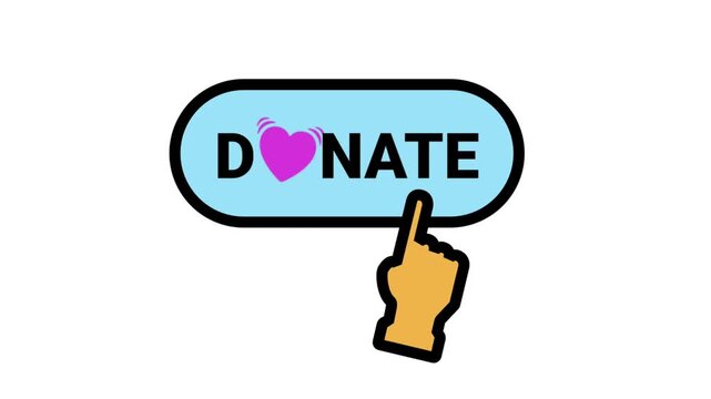 Donate Button Motion Icon. Animated hand clicking a donate button with a heart symbol for charity, fundraising, and social support.