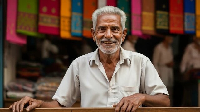 An elderly man, his eyes reflecting a lifetime of experience, stands framed by the textures of a lively marketplace, radiating warmth and resilience.