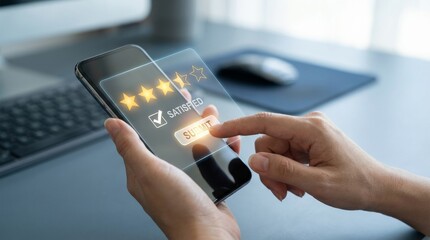 Businessman submitting digital service feedback survey on smartphone. Online customer satisfaction rating system with 5 star quality review. Virtual business excellence app interface for user.