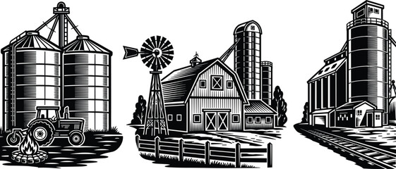Black and white vector illustration set of farm buildings including grain silos barn with windmill and tractor for agriculture and rural industry © SHAUN