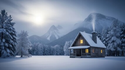 Fototapeta premium Cozy cabin scene amidst snowy landscape, mountain backdrop