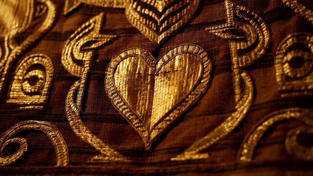 Warm light catching gold thread, embroidered panel drawing camera in study, revealing heart detail