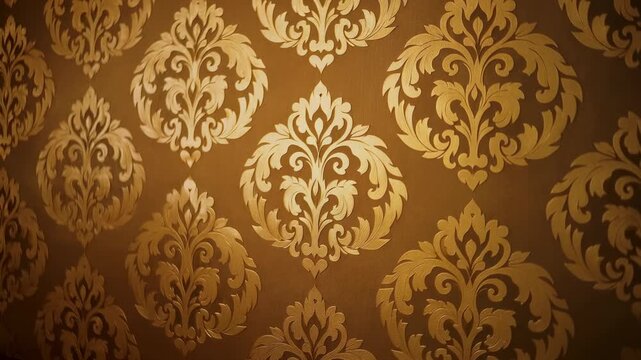 Shifting camera framing revealing ornate damask wallpaper on hotel wall, with warm highlight moving