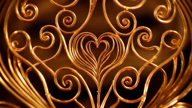 Pulling focus, camera moving closer to central gold filigree heart in studio, revealing scrollwork