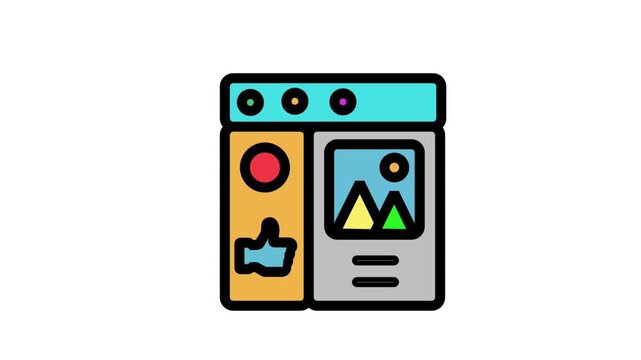 Multimedia Browser Motion Icon. Web browser window interface showing images and social media elements representing digital content creation and management.