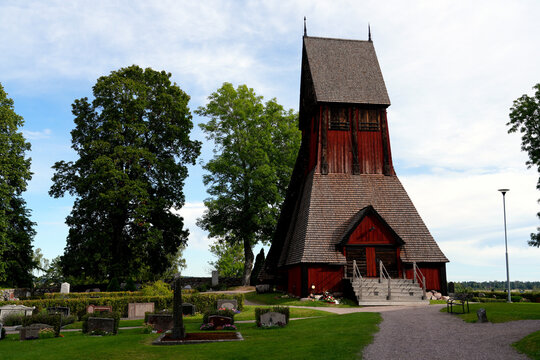 Glockenturm, Holzturm der Kirche mit dem Grab von Anders Celsius in Gamla Uppsala, Alt Uppsala, Schweden, Europa, Religion, Bauwerk, Architektur, Holz