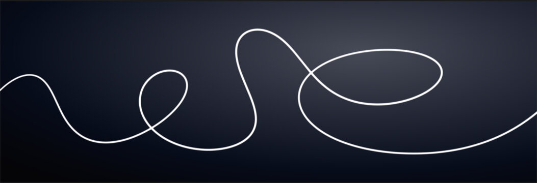 One white squiggle cable line, wavy and curvy stroke. Wiggly irregular long element isolated on dark transparent background, vector illustration.
