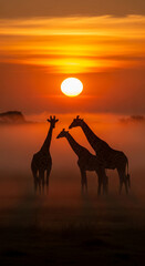 Silhouette of giraffe trio at sunset, bathed in orange light and fog, representing african wildlife, nature, and the serenity of twilight