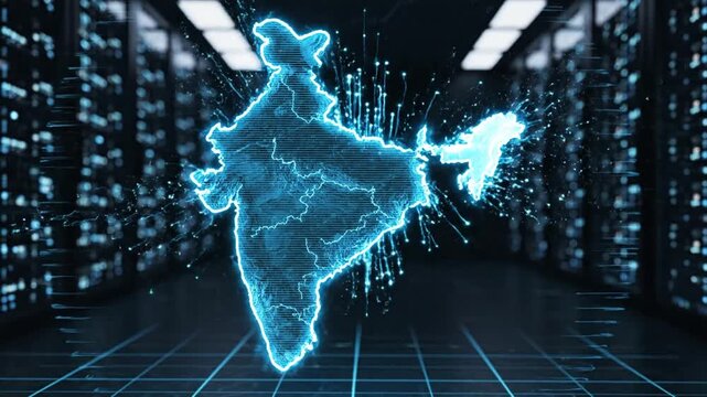 Glowing blue map of India in a futuristic server room with neon lights