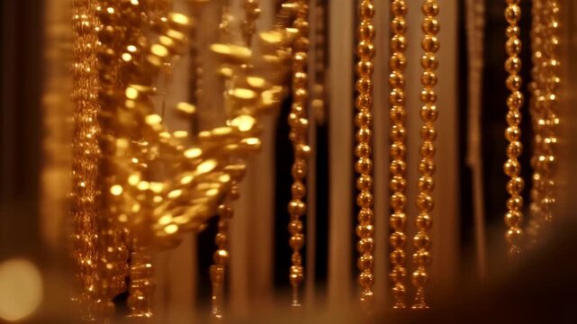 Swaying gold bead curtain shifting inward after small nudge at venue backdrop, creating amber bokeh