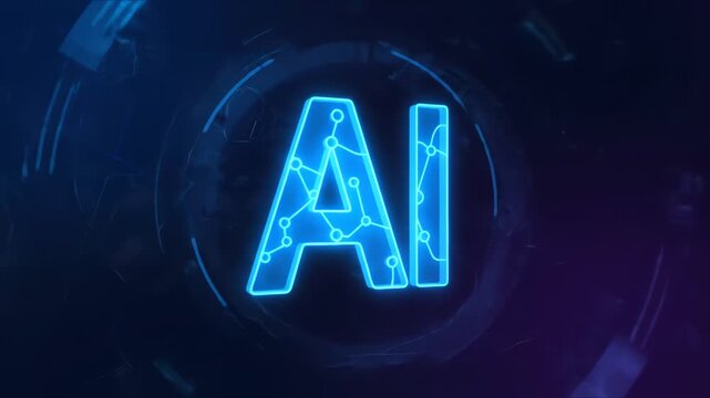 Glowing blue neon AI logo with circuit patterns on a dark background with purple accents.