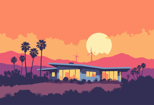 Palm Springs midcentury modern house silhouette butterfly roof Windmills background against hot desert sunset Atomic era style