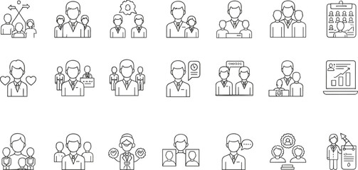 Fototapeta premium Business leadership and human resources line icon set illustrating management, teamwork, hiring, analytics, communication, and professional corporate roles