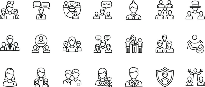 Outline business people communication vector icon set showing teamwork, leadership, discussion, collaboration, and professional corporate interaction concepts