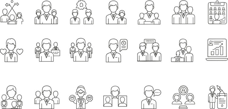 Business leadership and human resources line icon set illustrating management, teamwork, hiring, analytics, communication, and professional corporate roles