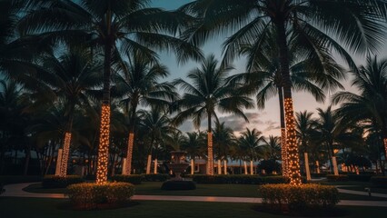 Obraz premium Evening shot of illuminated palm trees with a dark sky backdrop
