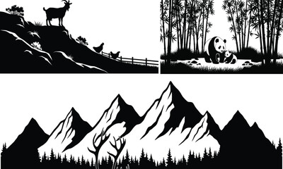 Obraz premium Silhouette of mountains deer and bear in forest landscape