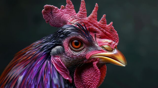 Video Close-up shot of a rooster's head on a dark background, ideal for use in designs related to farm animals or poultry