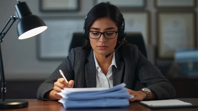 Desk lamp lighting papers, woman in blazer at desk writing with pen for review, headset on