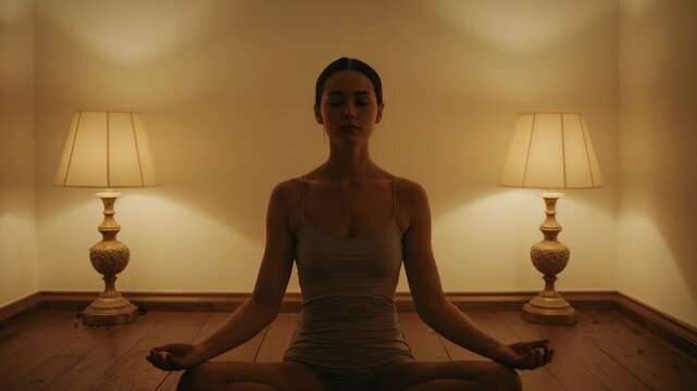Sitting adult woman in activewear meditating on wooden floor with lamps glowing, seeking calm