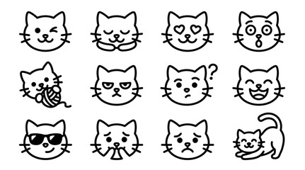 Collection of twelve minimalist cat head illustrations featuring diverse facial expressions including happy sad angry surprised and playful characters for creative projects