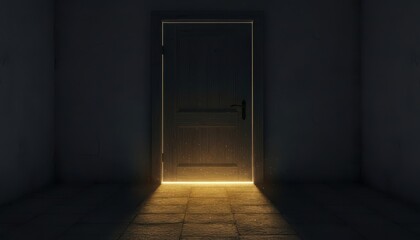 Mysterious golden light leaking through a closed wooden door in a dark empty room