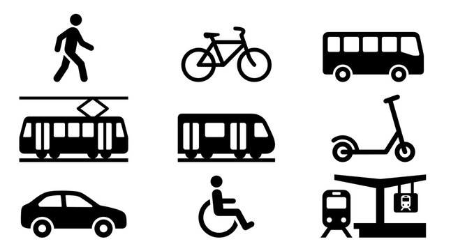 A collection of black silhouette icons representing various modes of city transport such as tram scooter wheelchair and railway station services