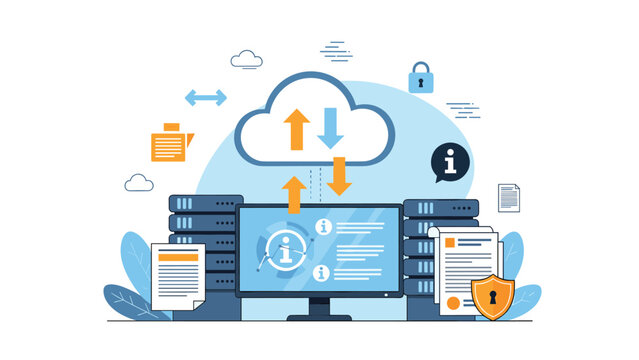 Secure cloud data management and server infrastructure illustration showing data transfer between a computer screen, cloud, and servers.