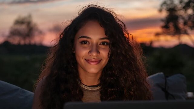 Sitting curly woman studying on laptop on patio at dusk, in sleeveless top and layered necklace
