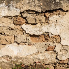 Fototapeta premium a relaxed tabby cat sitting on the dusty ground beside a weathered, cracked stone wall in soft, natural light