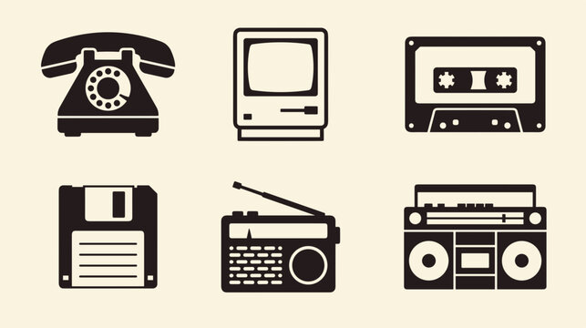 Collection of black and white minimalist icons representing classic electronic devices from the eighties and nineties for nostalgic design projects
