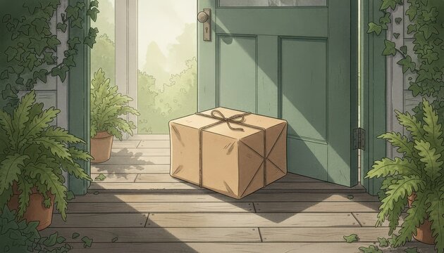 Rustic brown paper package with string delivered on a wooden porch outside an open green door.