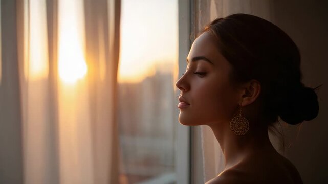 Low sun drawing bare shoulder woman to big window, sheers, closing eyes, ornate earring, copy space