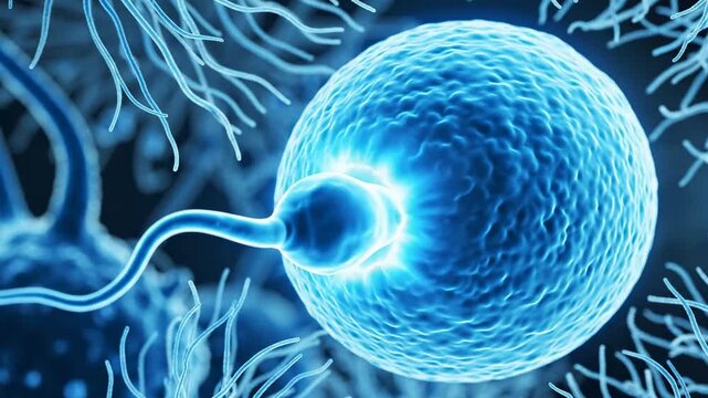 Blue CloseUp Sperm Approaching Ovum, Clinical Microscopic View Showing Tail Movement, Zona Attachment And Early Membrane Contact, Cool Toned Scientific Atmosphere Ideal For Medical