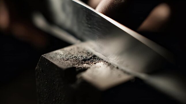A person sharpens a metal blade on a worn anvil in a dimly lit workshop viewed from a close-up angle