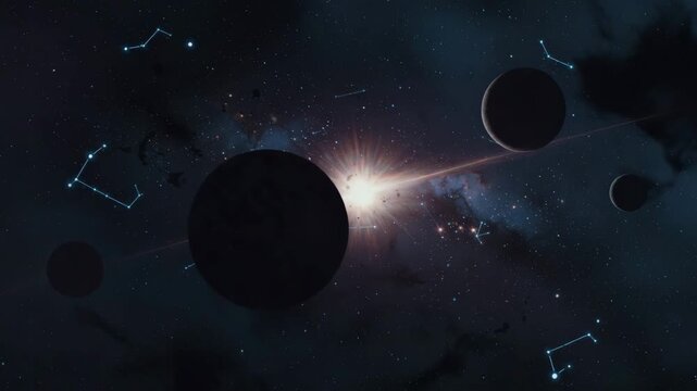 A stunning celestial scene of space with planets, constellations, and a bright light source. The image evokes a sense of wonder and the unknown
