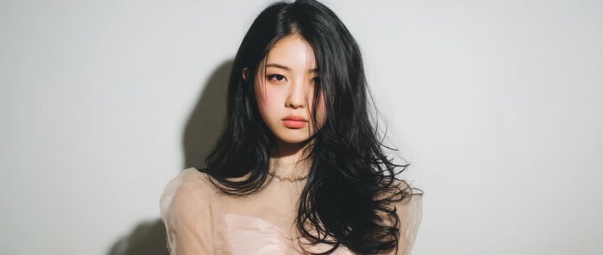A stunning young East Asian woman with long black hair and elegant makeup, wearing a pink sheer blouse against a neutral background.