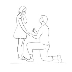 One continuous line drawing on white isolated background. Minimalism linear illustration. woman, man, love, couple, proposal, engagement, romance, human relationships, marriage, ring
