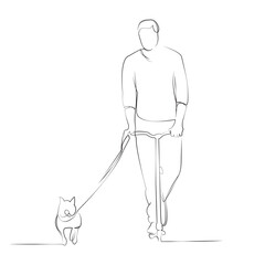 One continuous line drawing on white isolated background. Minimalism linear illustration. dog, person, pet, scooter, man, animal, leisure, walking, silhouette, active