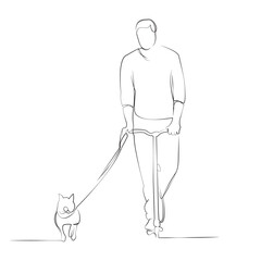 One continuous line drawing on white isolated background. Minimalism linear illustration. dog, person, pet, scooter, man, animal, leisure, walking, silhouette, active