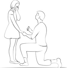 One continuous line drawing on white isolated background. Minimalism linear illustration. woman, man, love, couple, proposal, engagement, romance, human relationships, marriage, ring